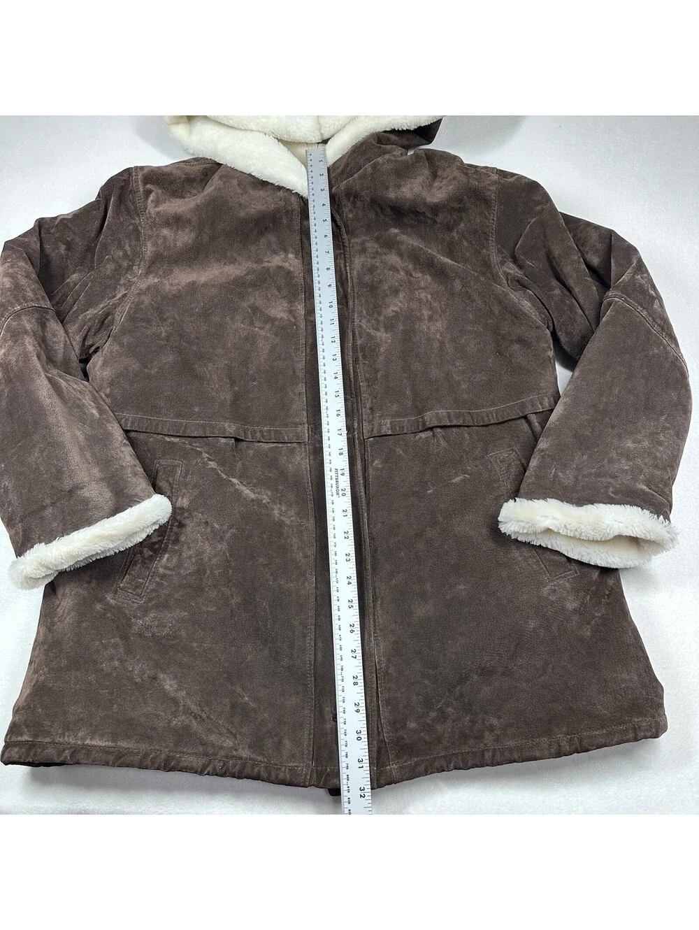 Wilsons VTG 80's Women Dark Brown Suede Shearling Lined Hooded Winter Coat SZ XL